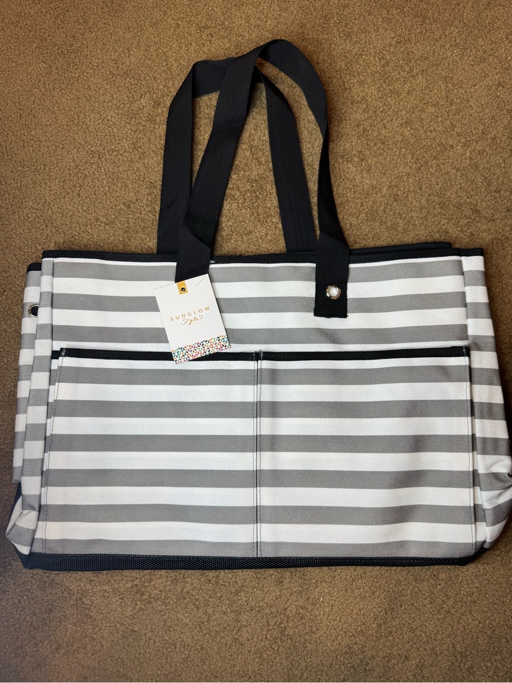 Gray & White Striped Tote Bag zipper 4 pockets beach office gym school travel